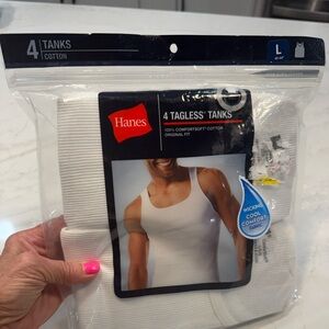 Hanes 4pk Tagless Tanks, Original Fit, Size Large, White, 100% Cotton, NWT